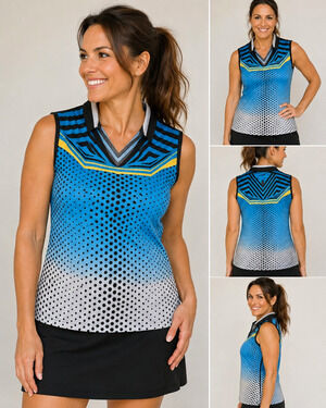 Jamie Sadock Women’s Large Sleeveless Golf Polo Top Blue Black Yellow Geometric